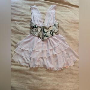 Chiffon Ruffle Patchwork Sleeveless V-Neck Asymmetrical Corset Waist Mini Dress